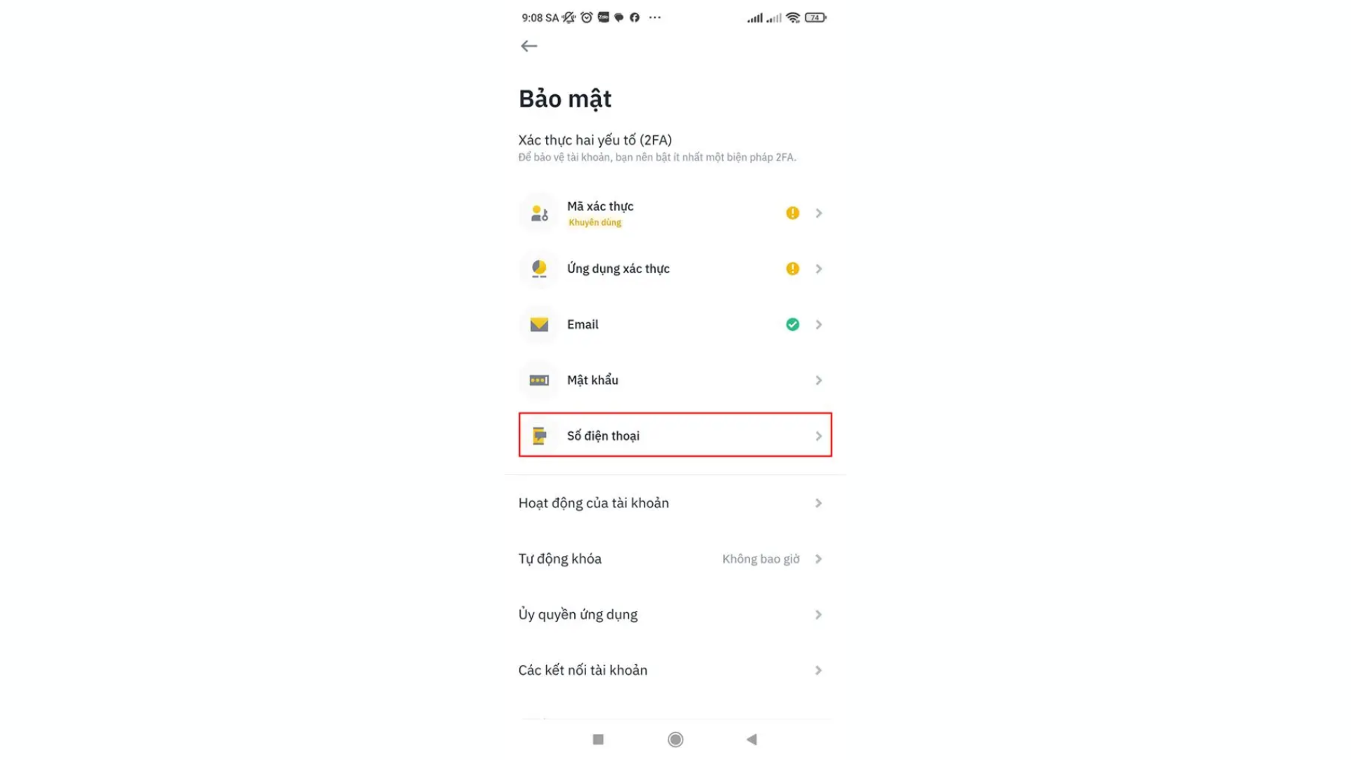 Bảo mật - chọn Số điện thoại trên Binance