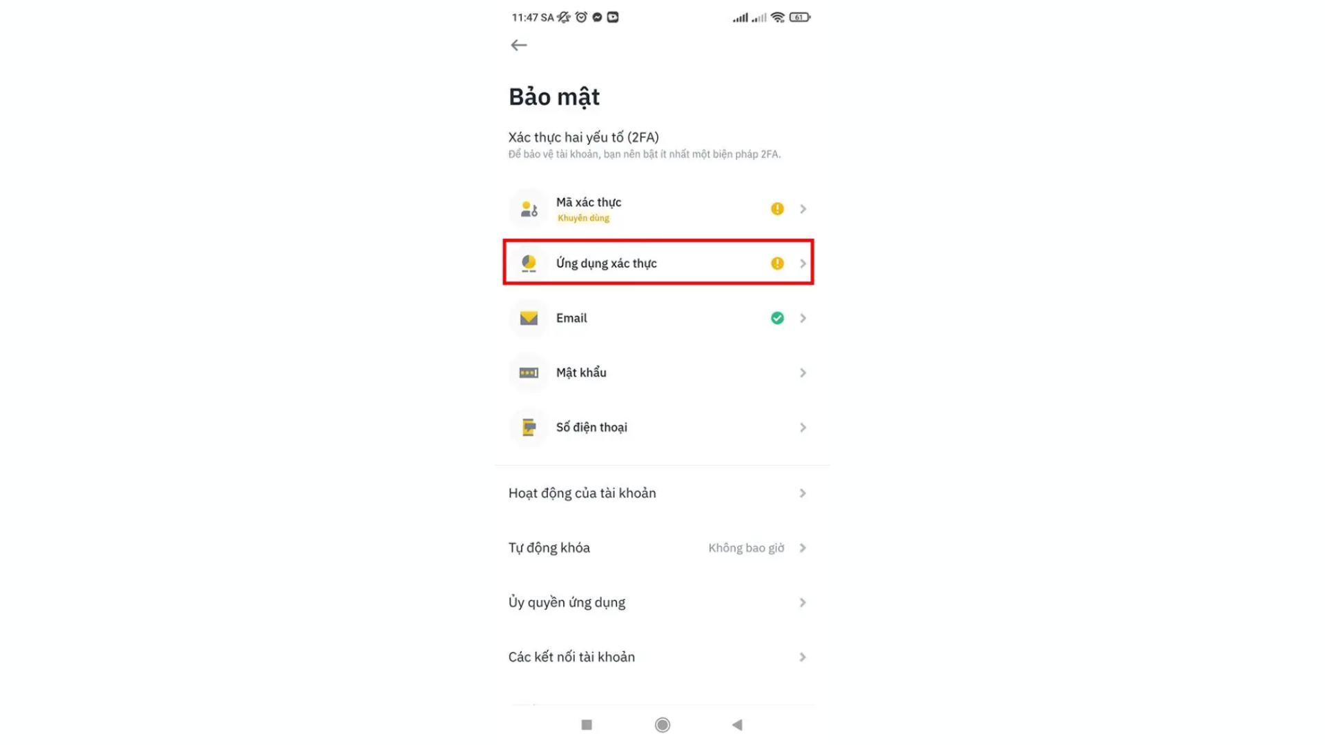 Chọn Ứng dụng xác thực trên Binance