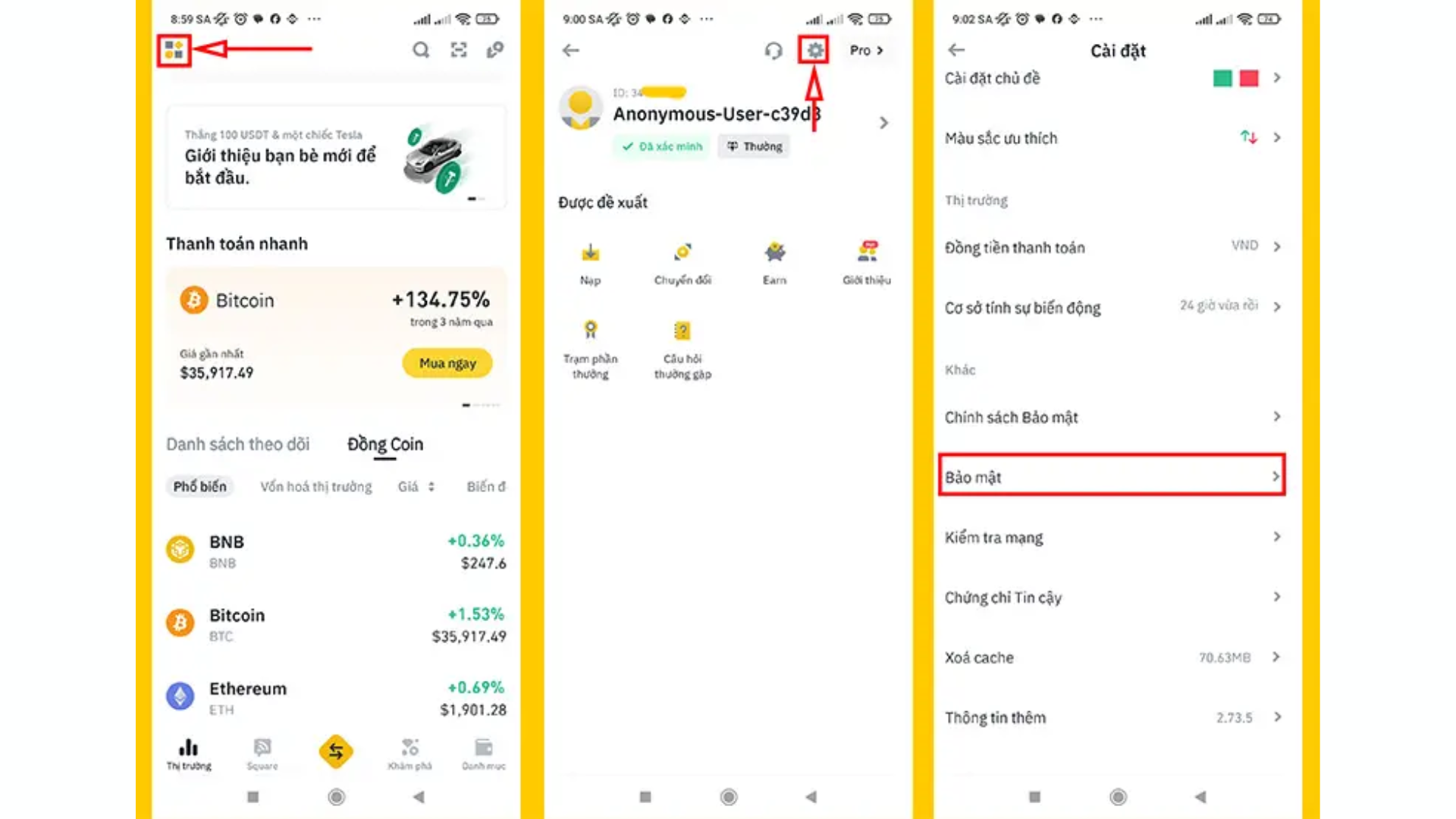 Chọn biểu tượng Menu ở góc trái phía trên màn hình Binance - Cài đặt