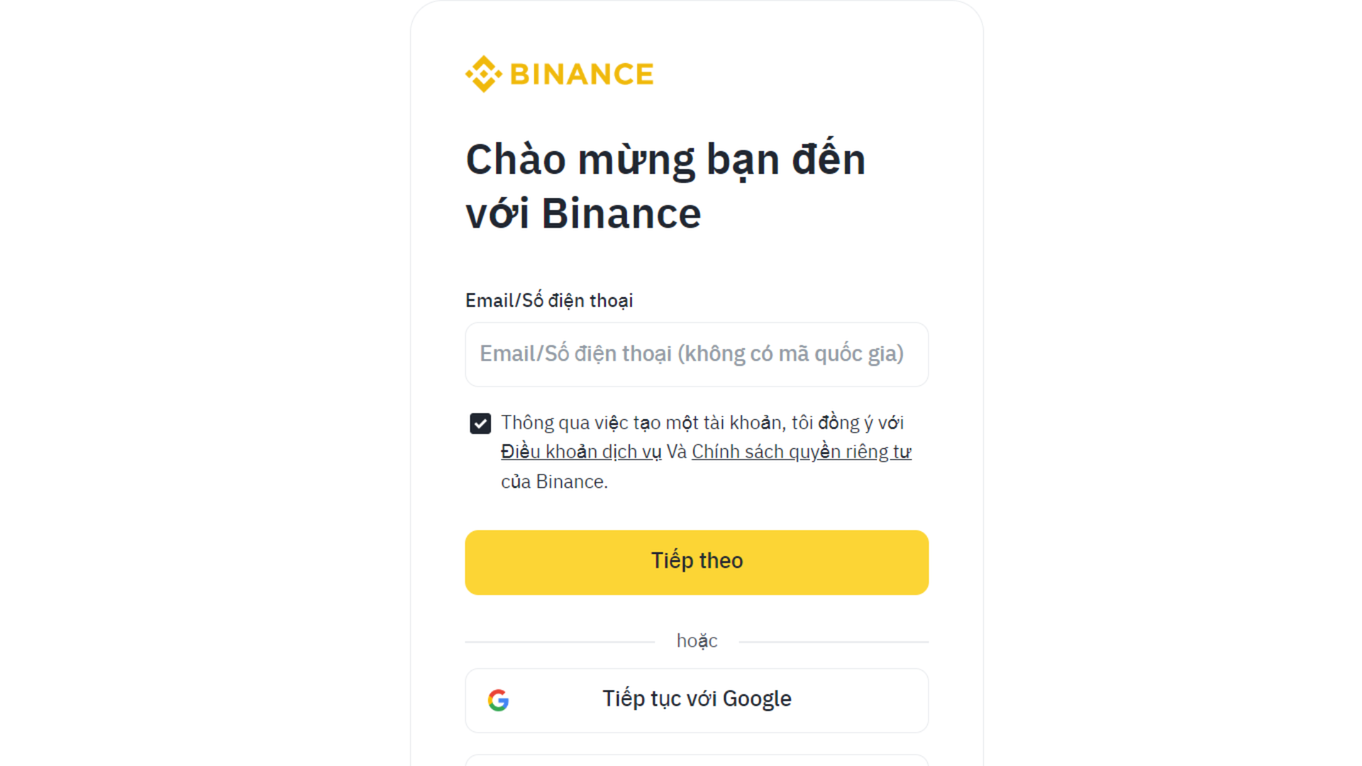 Nhập email hoặc số điện thoại đăng ký Binance