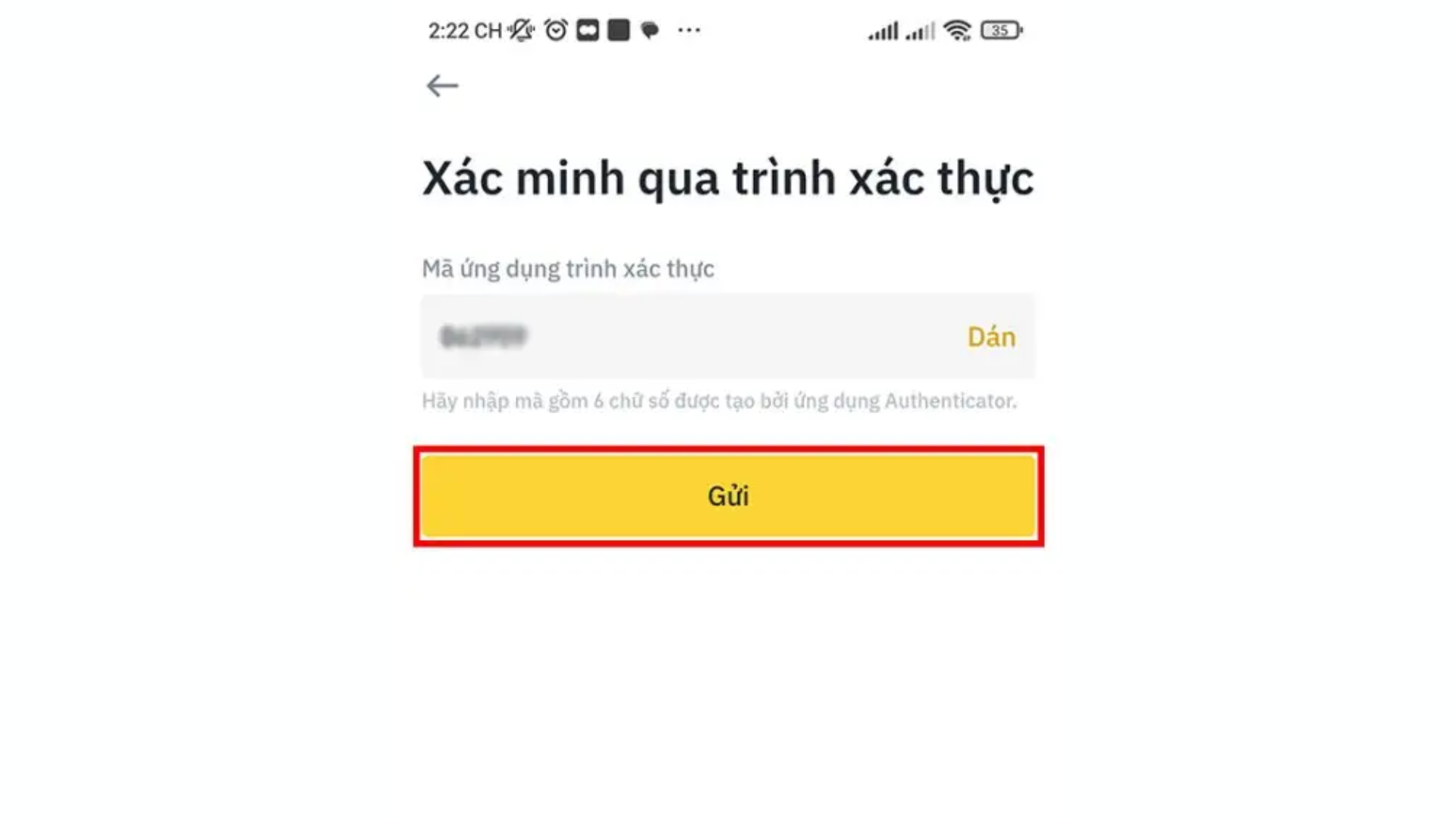 Nhập mã 6 số bạn vừa sao chép vào ô trống