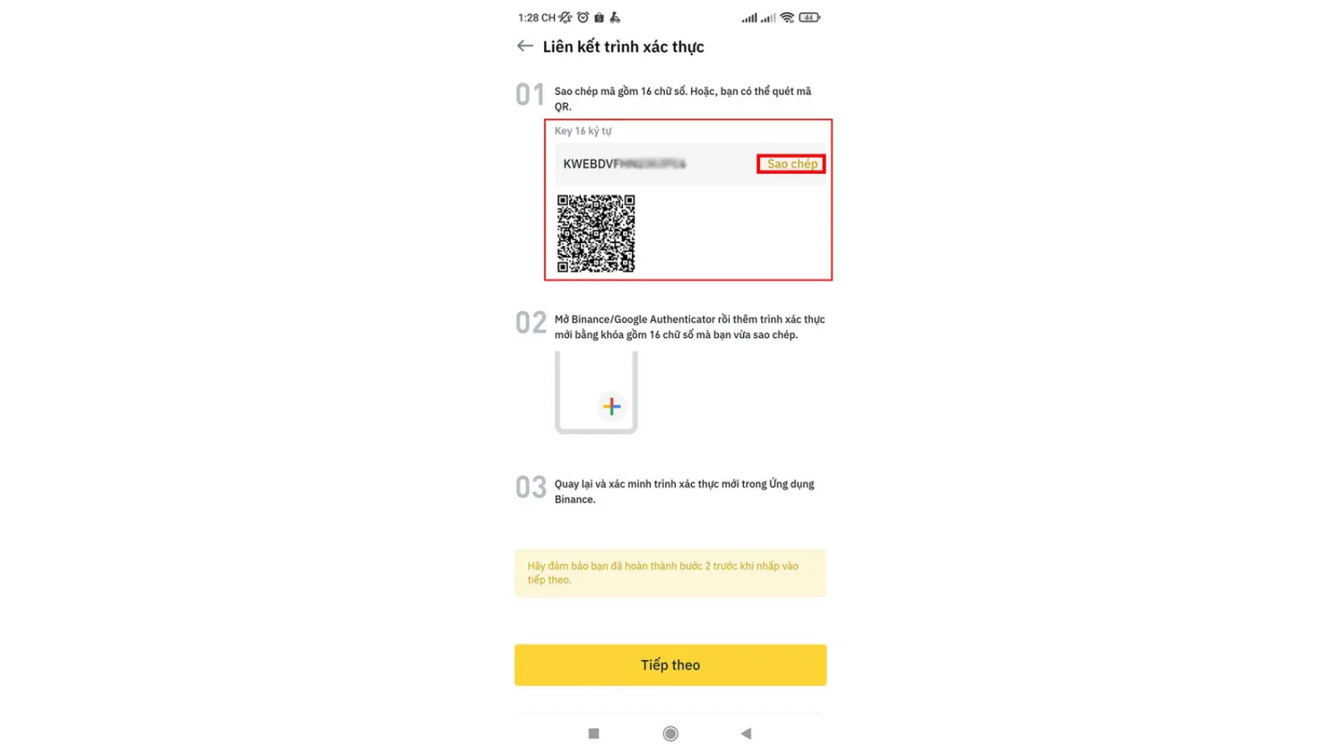 Sao chép mã QR và khóa 16 ký tự