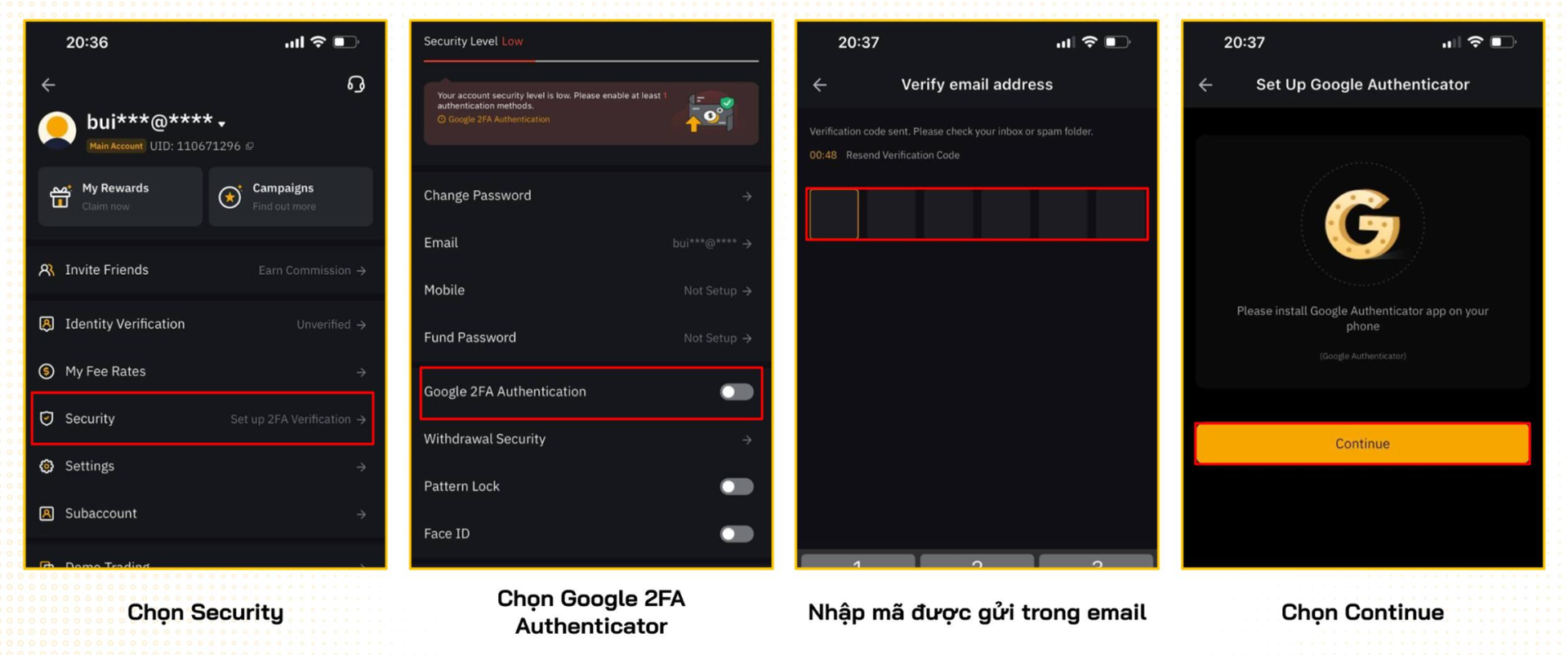 Vào mục Tài khoản - Chọn Bảo mật (Security) - Chọn Google 2FA Authenticator