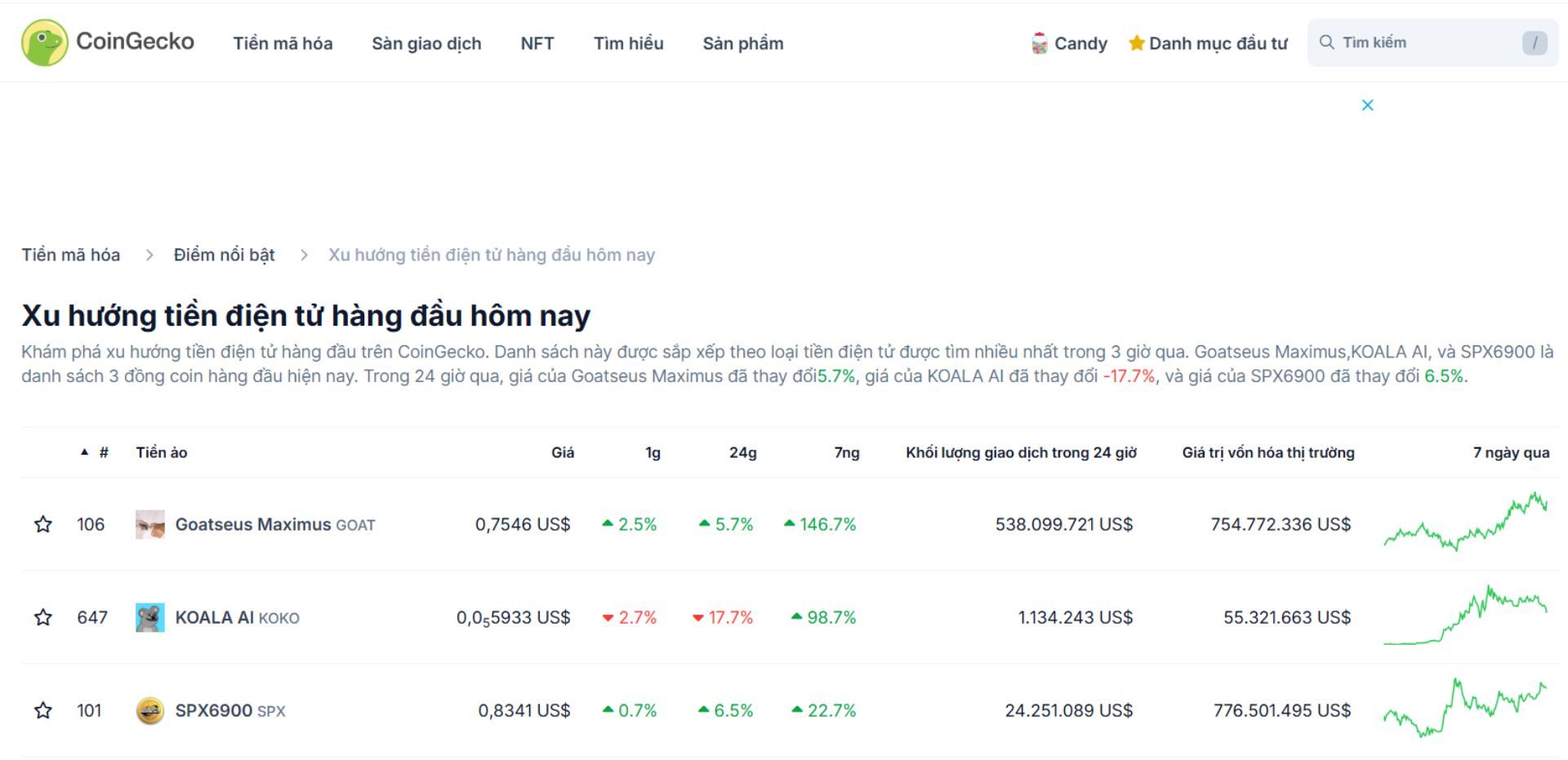 Top 3 token trending hôm nay 25-10-2024